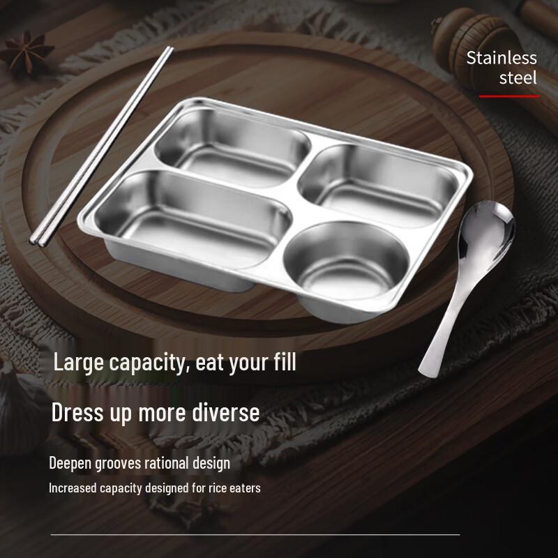 201 Stainless Steel 4-Compartment Deep Divided Meal Tray - 10 Pack