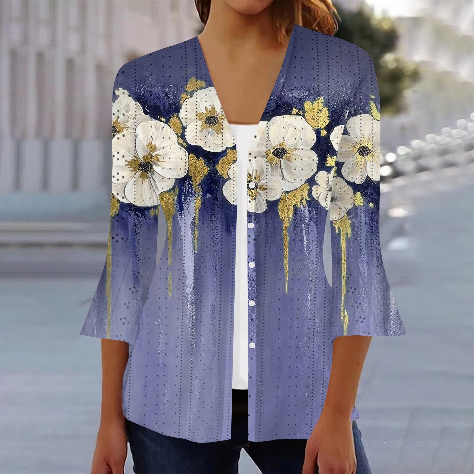 

Жіноча модна вільна повсякденна сорочка з ґудзиками з принтом і рукавом три чверті M