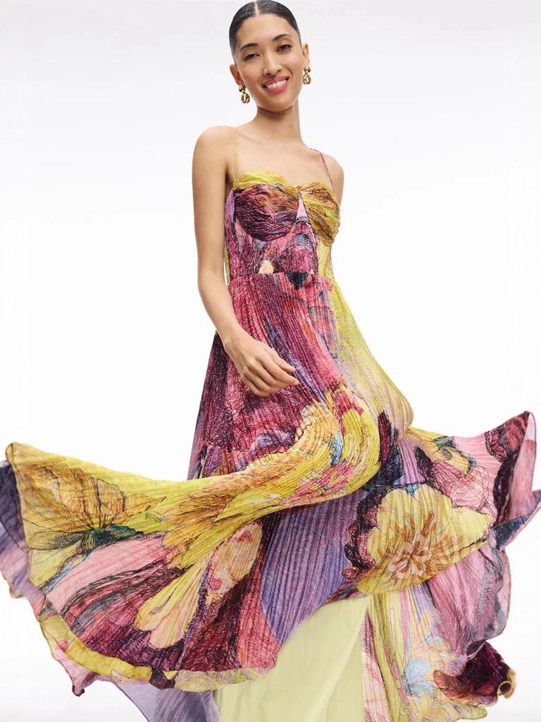 Women's Strapless Floral Pleated Evening Dress with Waist-Cinching Corset