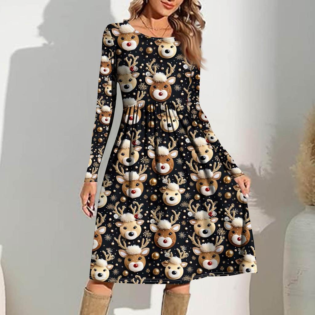 Robe Décontractée Imprimée Dégradé pour Femmes Printemps Poche Col Rond Robes Manches Longues