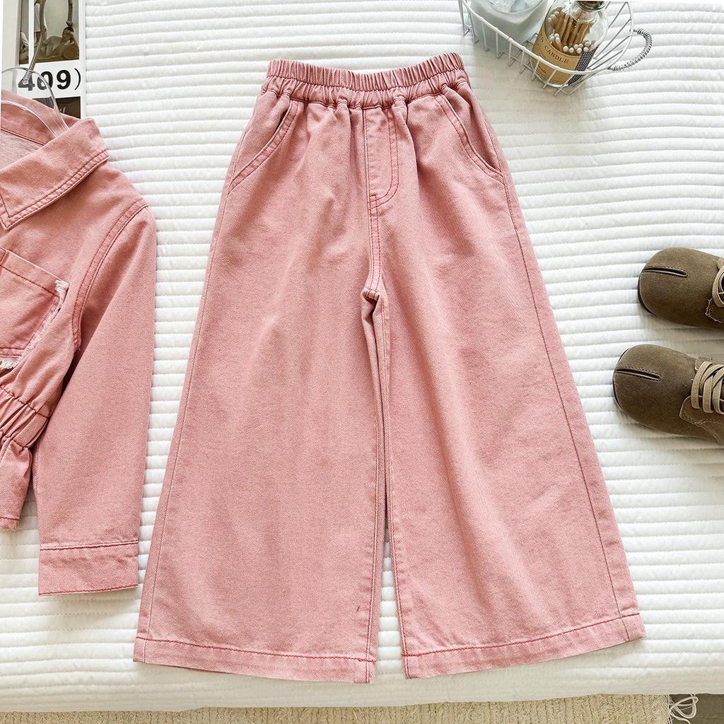 Girls' Cropped Ruffle Hem Denim Jacket & Wide-Leg Trousers Set - Trendy Autumn Outfit