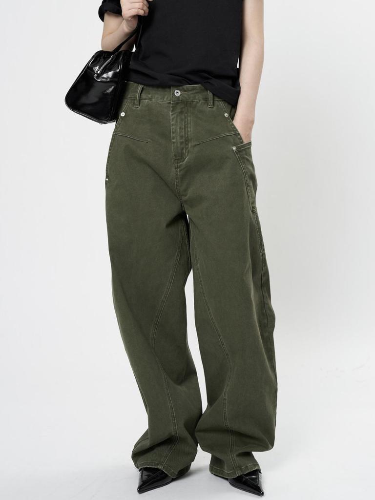 Louvre Spring Retro Low-Waist Loose-Fit Slim Green Women's Overalls