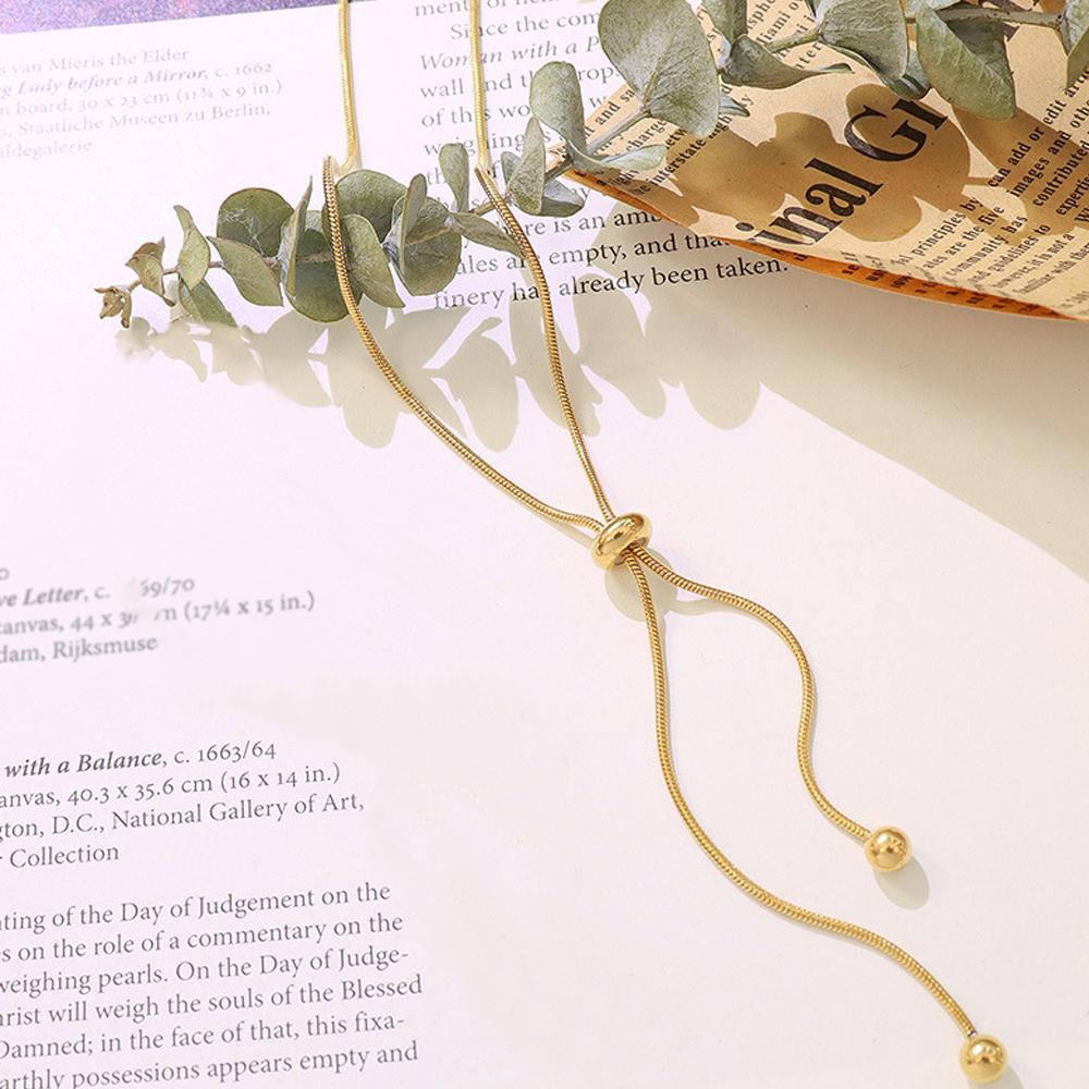 Orazio 14K Gold Stainless Steel Pendant Necklace Y-shaped Beads Collarbone Round Long Snake Chain Women's Jewelry Gift