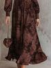 European American Retro Print V-Neck Zipper Long Sleeve Waist-Cinching Dress