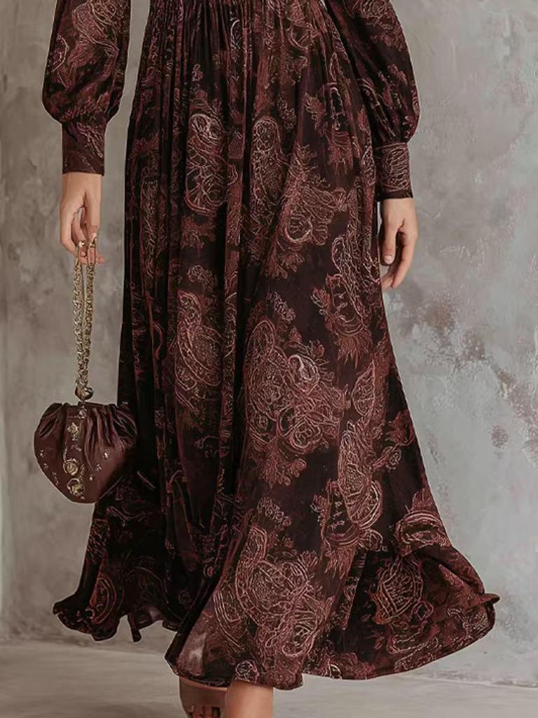 European American Retro Print V-Neck Zipper Long Sleeve Waist-Cinching Dress