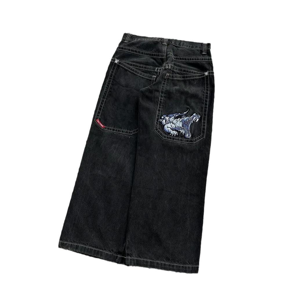 Streetwear Jeans Y2K Harajuku Hip-Hop Cartoon Bestickt Schwarz Locker Herren Weite Jeans