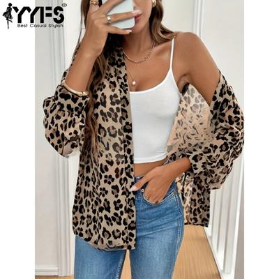 Damenmode Casual Frühling Herbst Leopardenmuster Langarm V-Ausschnitt Blusen & Hemden