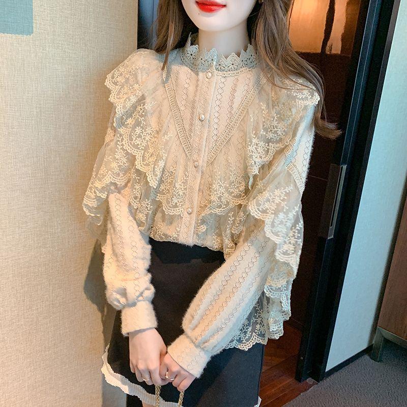 

Korean Spring and Autumn New Work Clothing Lace Stand Collar Single-Breasted Ruffles Sweet Long Sleeve Lace Shirt Shirt Bottoming Shirt Khaki 2XL
