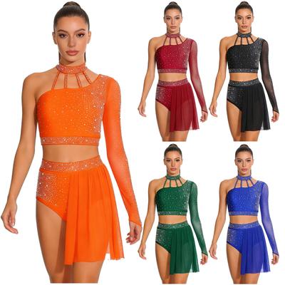 S-XXL Womens Latin Dance Asymmetrical Outfit Halter Single Long Sleeve Stappy Back Crop Top and Shorts with Mesh Hem Rhinestone Dance Costume