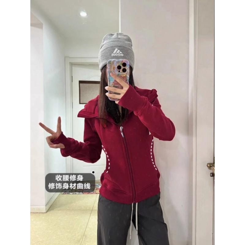 Womens Slim Fit Cropped Hooded Zip-Up Sweatshirt Short Sleeveless Top Korean Style Casual Lightweight Cotton Blend