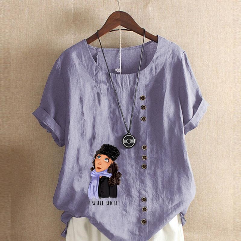 Damen Neue Mode Leinenhemd Rundhalsausschnitt Kurzer Ärmel Schal Mädchen Bedrucktes T-Shirt Sommer Damen Freizeit Große Größen Blusen Oberteile