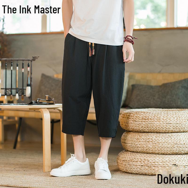 Lässige Herren-Haremshose aus Leinen im chinesischen Stil - Sommerliche leichte Weitbein-Cropped-Hose