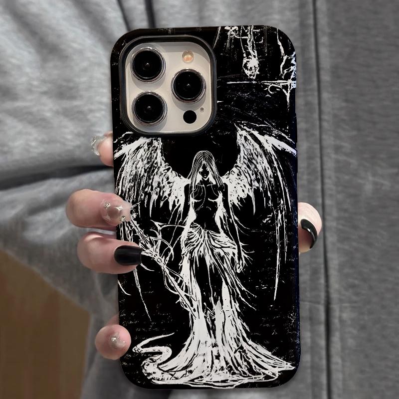 Lesklý kryt na telefon s sublimační úpravou Pevný plast + měkká skořepina TPU Černý s andělským vzorem Plně ochranný zadní kryt pro iPhone Samsung