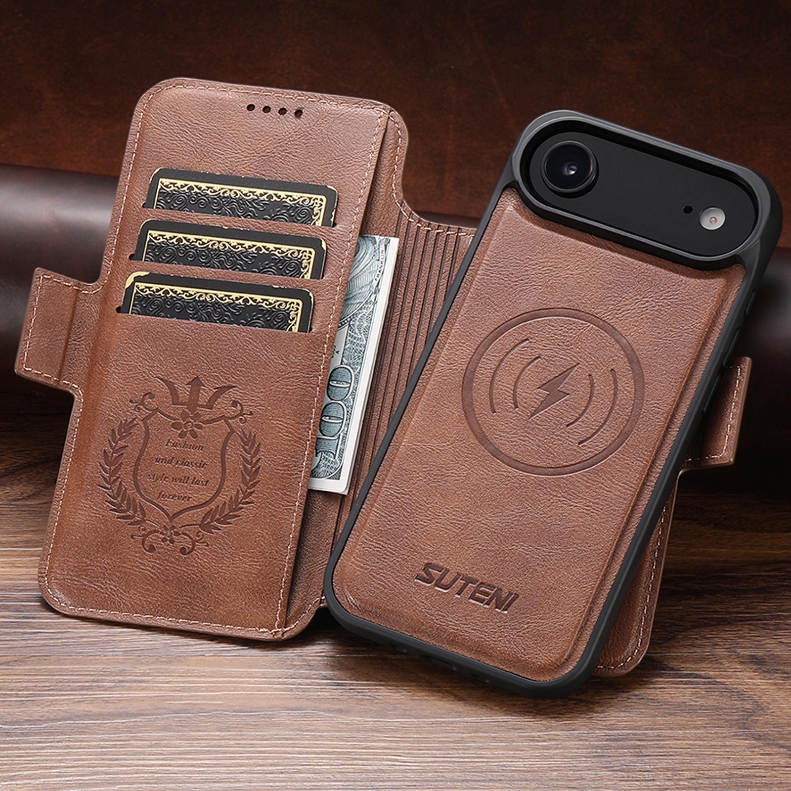 

Магнитный кожаный чехол-книжка для iPhone 17 Pro Max/Samsung S25U с беспроводной зарядкой Samsung S23 Ultra коричневый