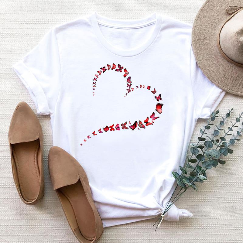 Taille européenne Femme Papillon Mignon Tendance Dessin Animé Mignon Impression Tee Haut Mode T-shirt Femme Vêtements T Manches Courtes T-shirts Graphiques