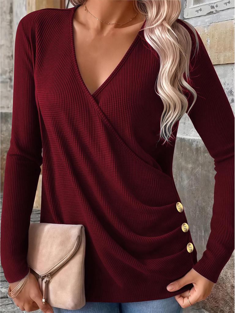 2025 Autumn Plus Size V-Neck Button Waffle Knit Women's T-Shirt