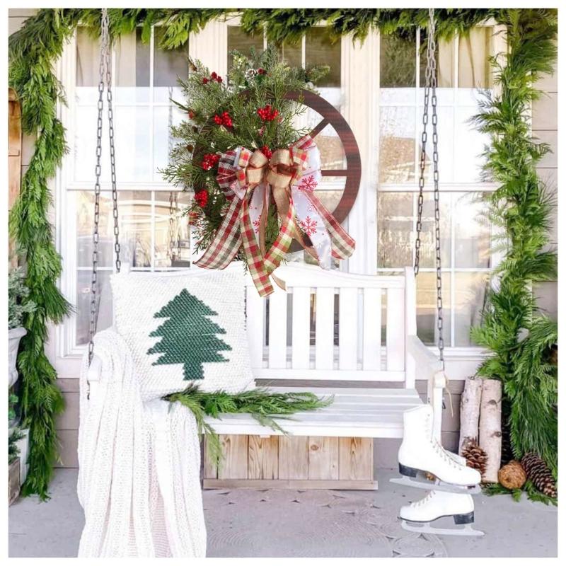 Christmas Wooden Wagon Wheel Wreath Simulation Winter Themed Party Bar Door