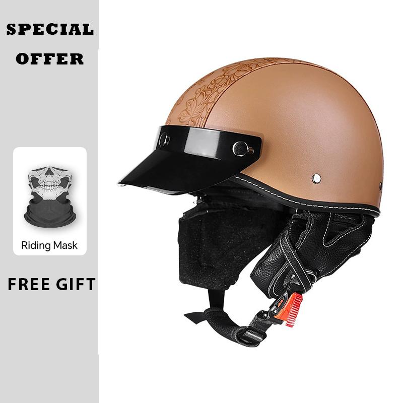 Brown Grid Half Helmet Leather Men Women Half Face Motorcycle Helmets Electric Cruiser Lightweight Small Shell DOT Approved