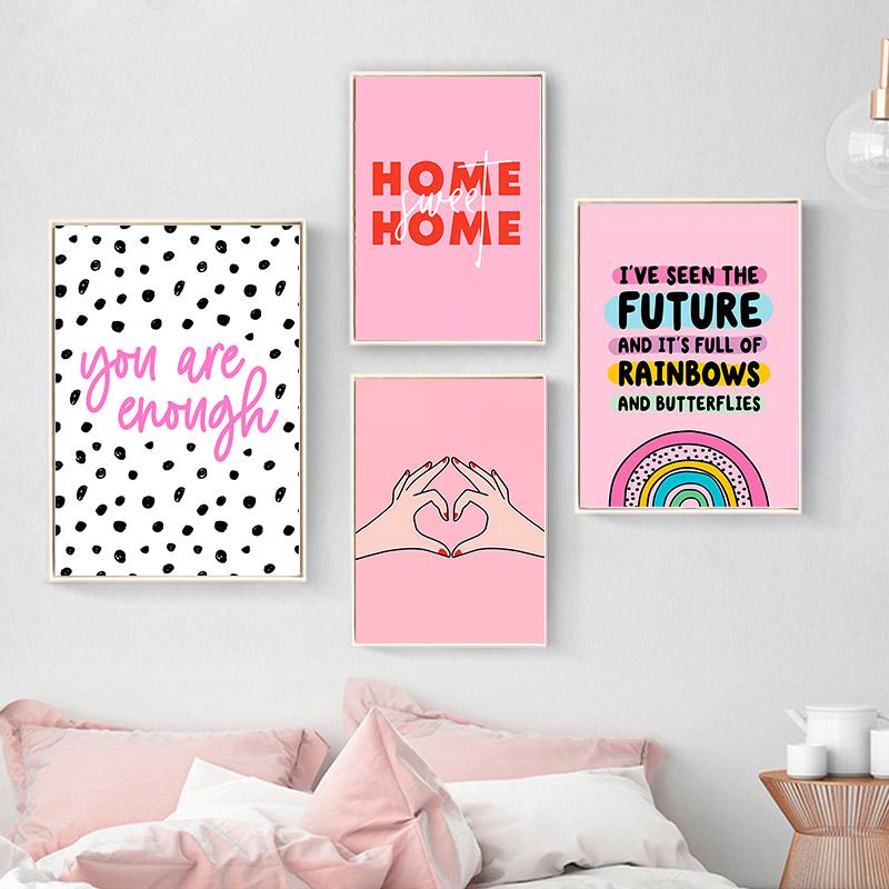 Rainbow Love Canvas Painting You Are Enough Colorful Quotes Poster Pink Wall Art For Bedroom Living Room Home Decoration