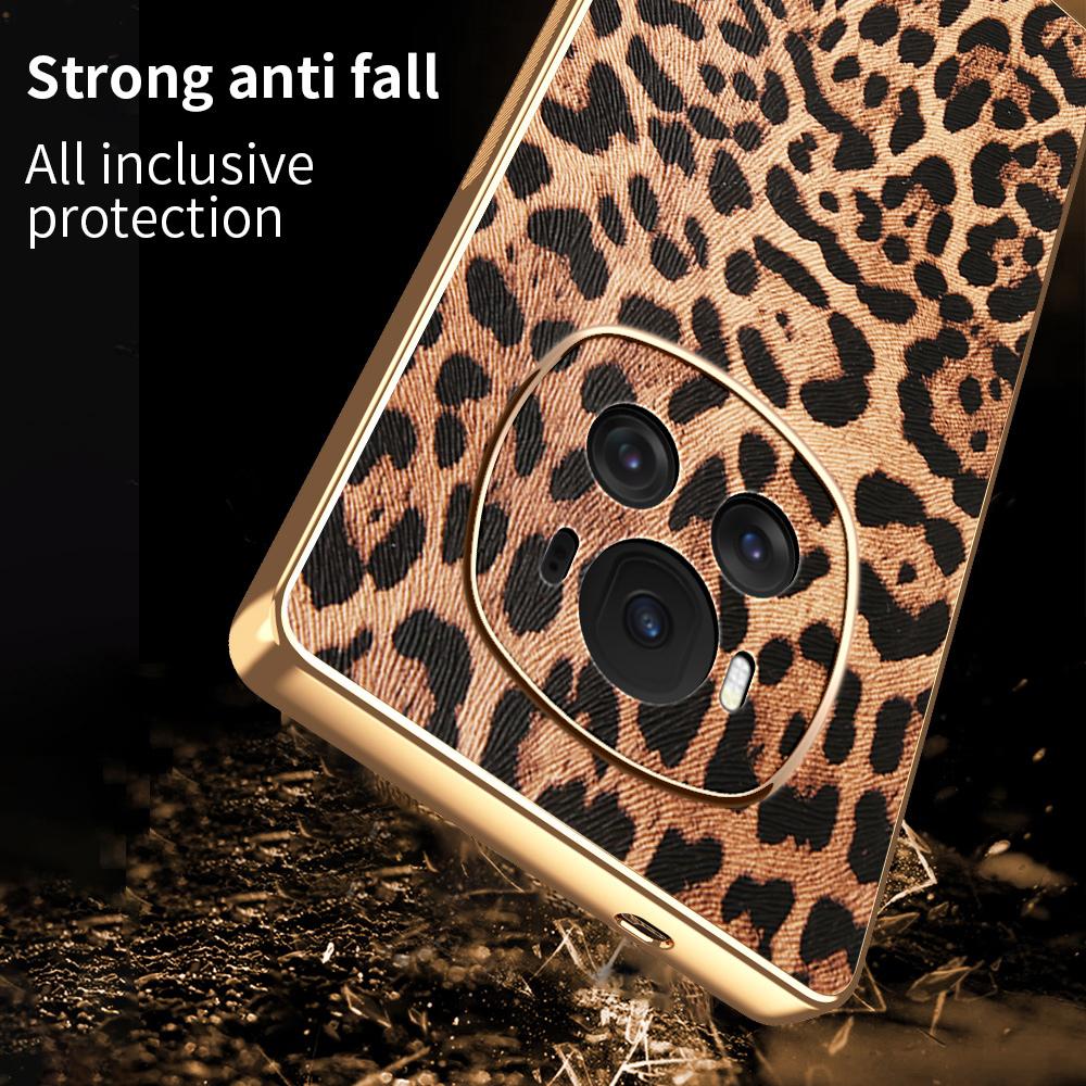 For Honor Magic6 5G Case Leopard Print PU Leather Coated PC+TPU Electroplating Phone Cover