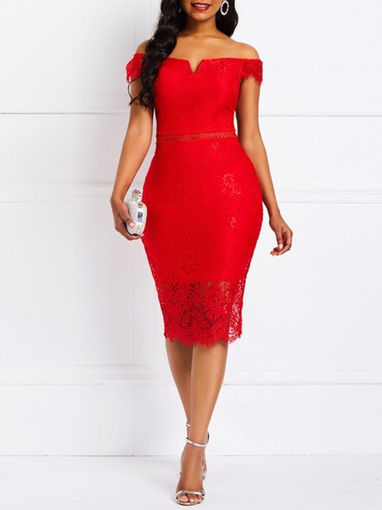 Ready-Made Evening Gowns, Short-Sleeved V-Neck Off-Shoulder Sexy Midi Bodycon Lace Dress
