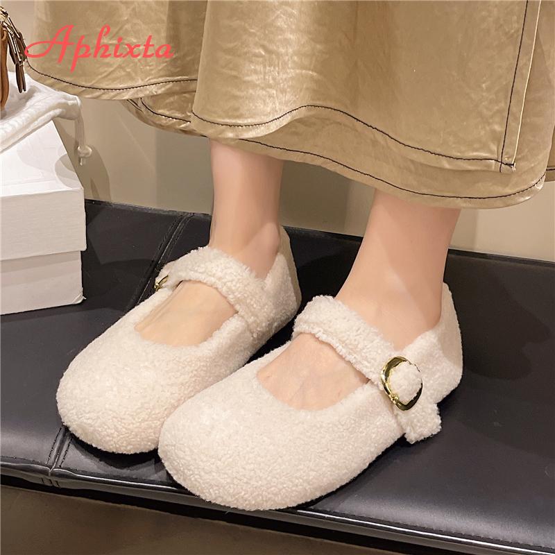 Fashion Aphixta Flat with Furry Shoes for Woman Soft Short Plush Buckle Women's Loafers Korean Style Ladies Shoe Luxury Brand Shoes