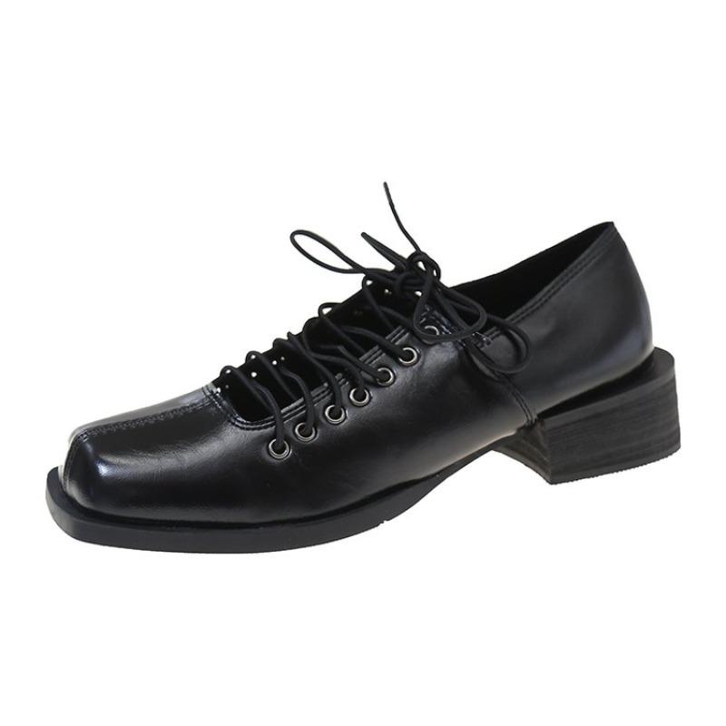 Fashion Fall New Coarse Heel Shoes Women's Fashion Square Head Center Front Lacing Anti-slip Wear-resistant Low-top Shoes