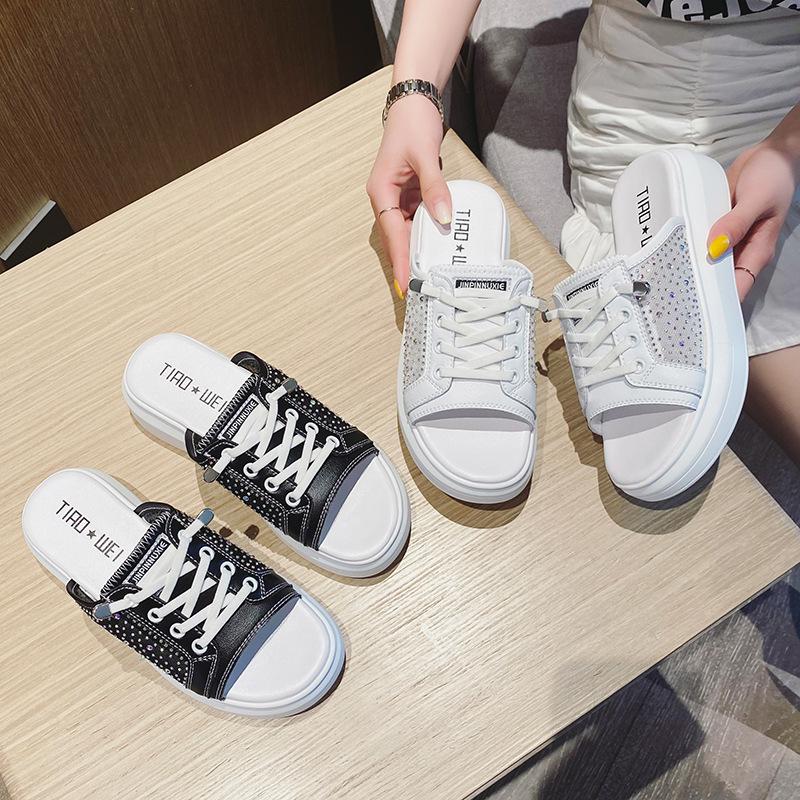 Summer slippers women's new large size flat-bottomed rhinestones casual lazy cute wind flat heel light