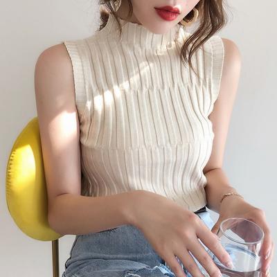 Spring - Summer Turtleneck Knitted Camisole Tank Top for Women Outer - Wear Sleeveless T - Shirt Inner - Wear Thin Base Layer Top