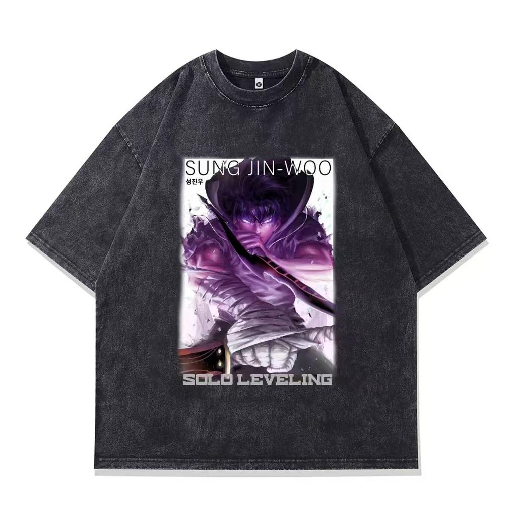 Japanese I Alone Upgrade Animation Printing Short-Sleeved T-Shirt Retro Washed Old Casual Half-Sleeved T-Shirt