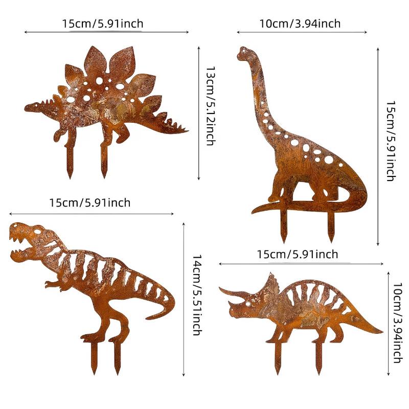 4Pcs Metal Rust Dinosaur Garden Stake Outdoor Garden Decor Ornament For Yard & Lawn Perfect Gift For Dinosaur Enthusiasts