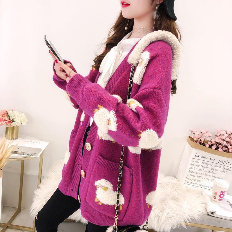 Nadměrná velikost Úzký pletený svetr střední velikosti Dámská Kapsa na knoflík Dekorace Kreslený Neformální svetr Cardigan Ženy jaro podzim 2020