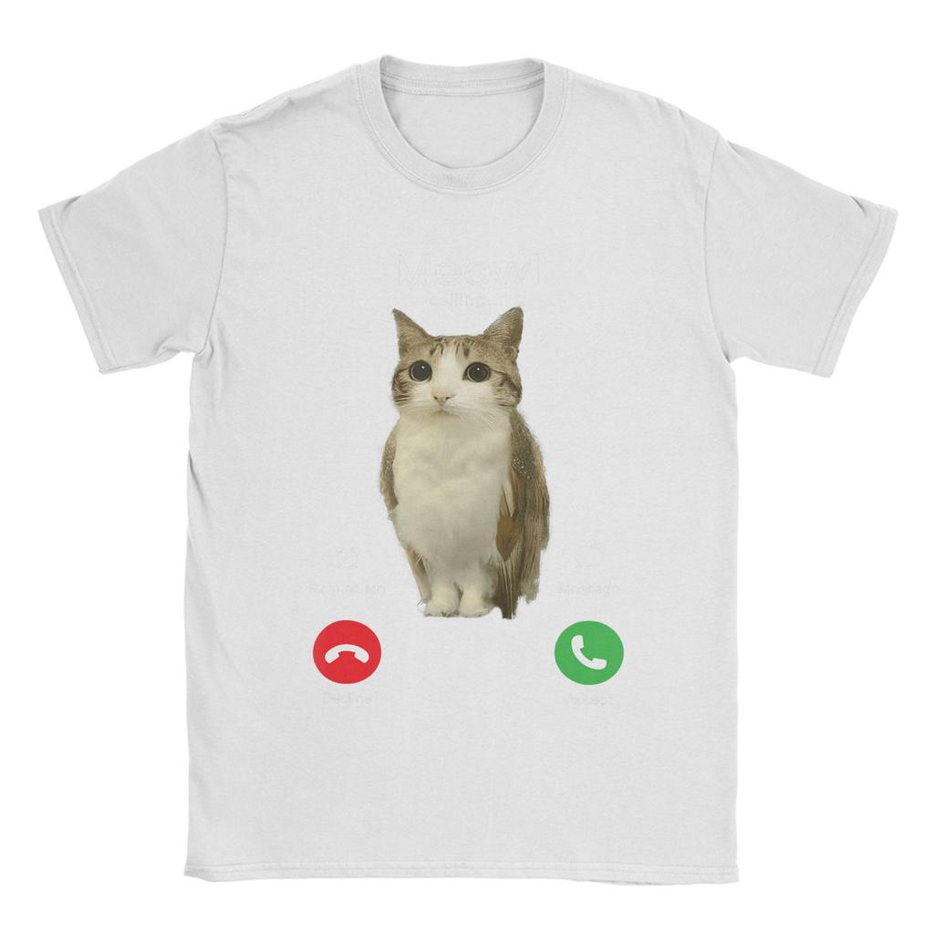 Men TShirt Meowl Is Calling Phone Call Meme Brainrot Funny Cat Owl Cotton Tees Short Sleeve T Shirts Round Neck Clothing