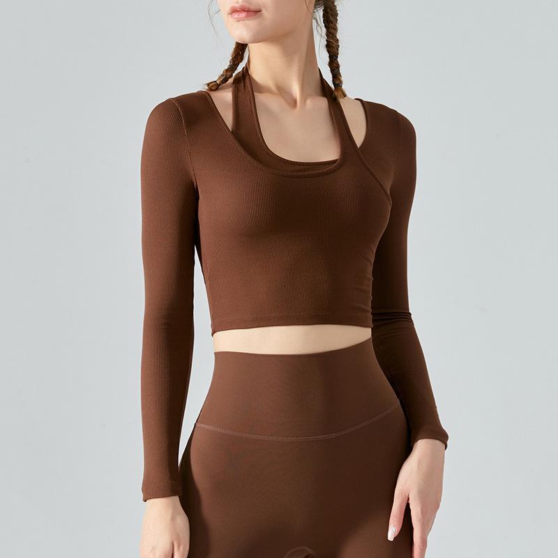 

Женский топ для йоги с длинным рукавом, с нагрудной подушечкой, эластичный облегающий крой, имитация двух частей, дизайн с халтером Medium