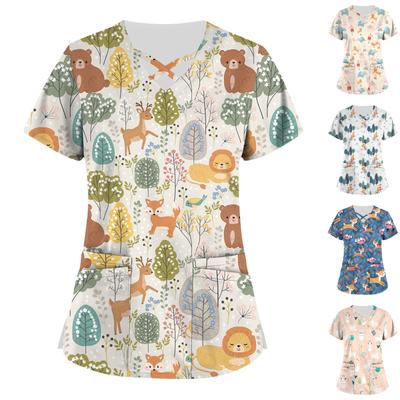 Uniforme de travail imprimé mignon grande taille, hauts pour femmes, col en v croisé, manches courtes, T-Shirts amusants, vêtements de travail, t-shirt avec poches