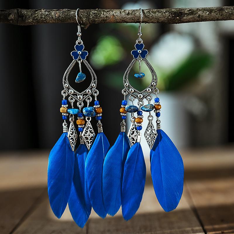 Bohemian Feather Long Drop Dangle Earrings For Women Enamel Heart Flower Irregular Stone Wooden Bead Handmade Earrings Jewelry