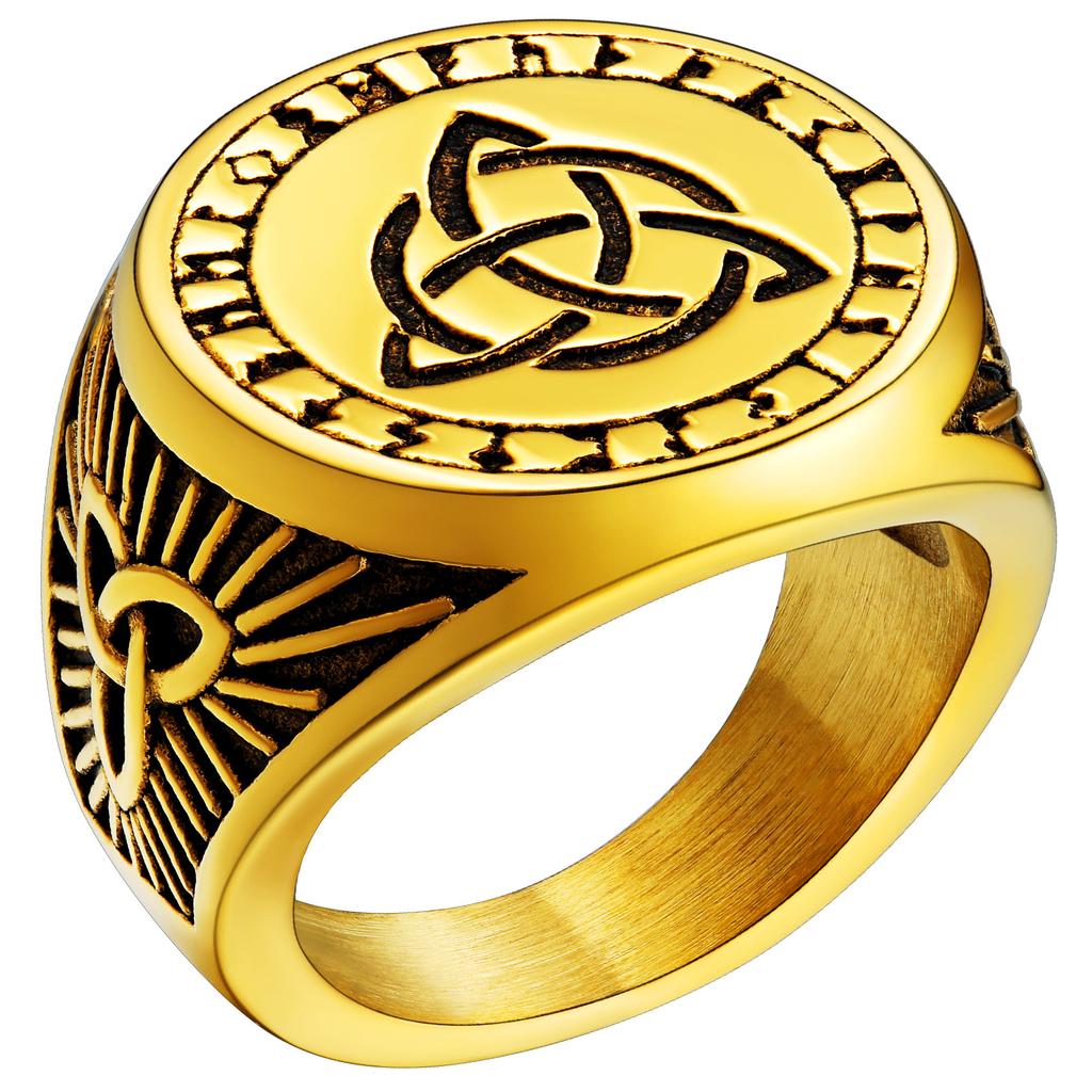 Big Signet Rings for Man Norse Viking Runes Valknut Wolf Head Triquetra Onyx Agate Size 7-14 Jewelry Gift for Him