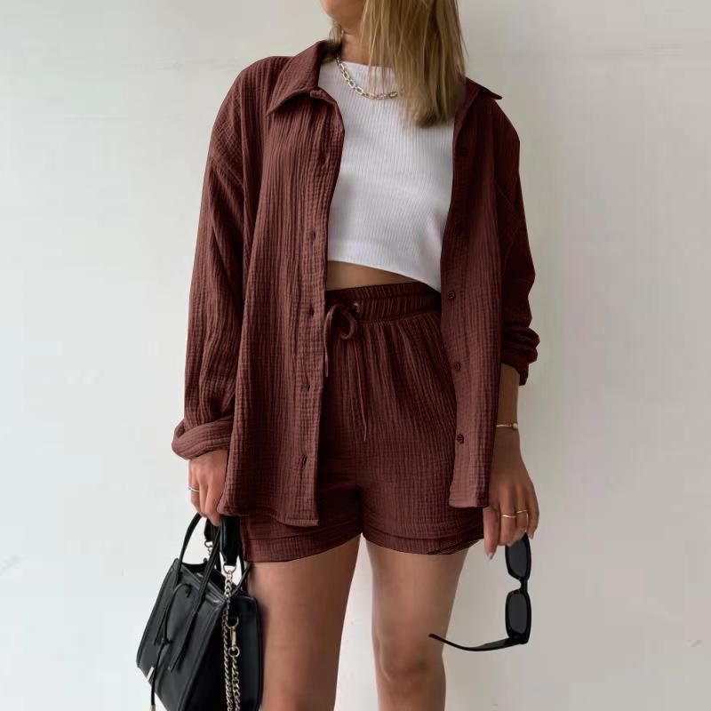Wrinkled Lace-up Wide Leg Short Pants Set Wrinkled Fabric Woman Solid Long Sleeve Pockets Cotton Shirt Shorts 2-Pieces Sets Casual Loose Outfit