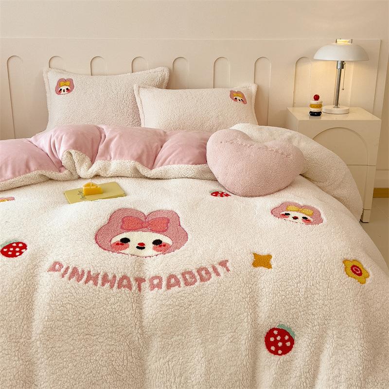Cartoon Lamb Wool Four-Piece Set Thickened Milk Fleece Quilt Cover Coral Fleece Bedding Fleece Sheets