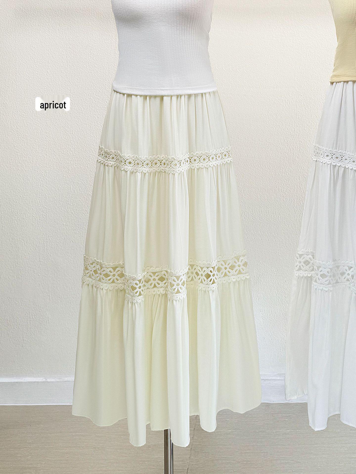 

Elegant Hollow Lace Patchwork Midi Skirt for Women - 2026 Spring/Summer A-Line Socialite Princess Style One Size абрикосовий