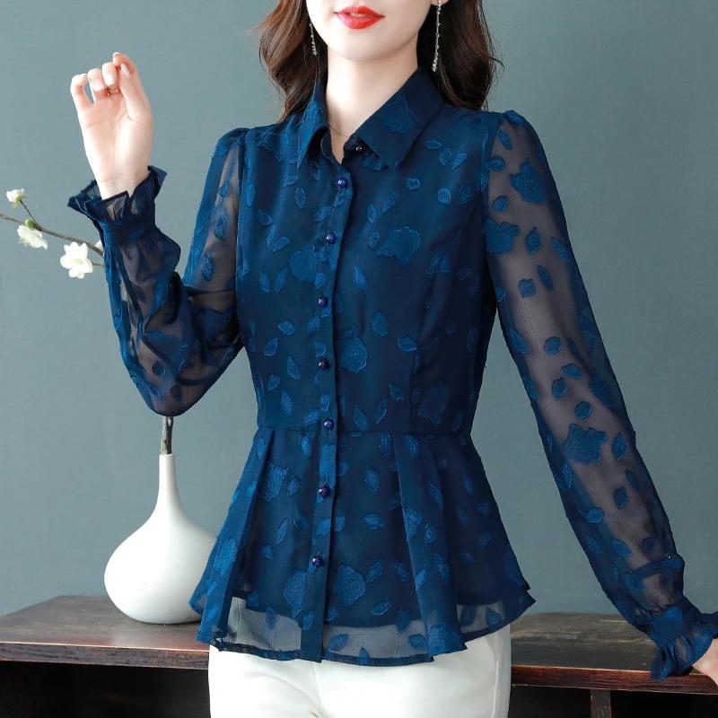 Jarní šifonová košile Dámská s dlouhým rukávem Temperamentní Pas Dámská Malá Vysoce kvalitní Zahraniční styl Střední věk Horní oblečení