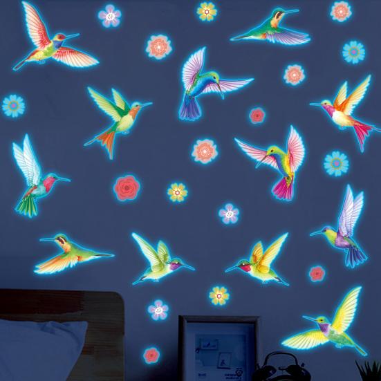 Glow in The Dark Wall Sticker, Hummingbirds Flowers Luminous Wall Decal, Waterproof Self Adhesive Sticker for Kids Room Nursery