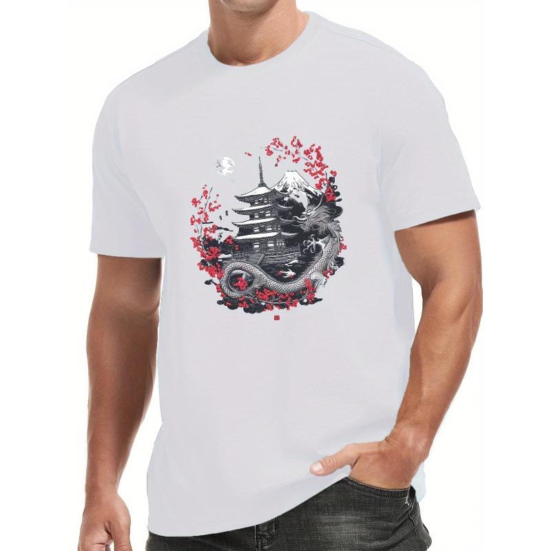 Men'S Japanese Pagoda & Dragon Print T-Shirt, Casual Crew Neck Short Sleeve Top, Slight Stretch, Regular Fit, Summer Season