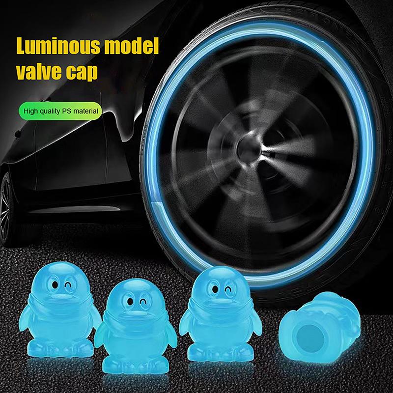 4PCS Night Glowing Car Motorcycle Bicycle Wheel Styling Tyre Hub Universal Cap Decor Penguin Luminous Valve Caps