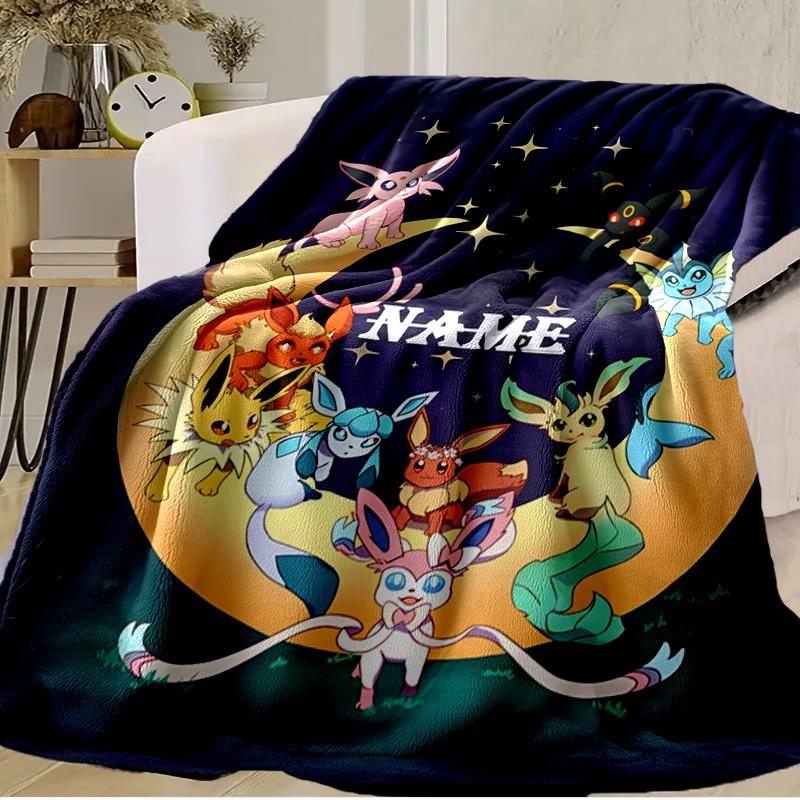 Custom Name Blanket Eeveelutions Moonlit Flannel blankets Patterns Throw Blanket All-Season Soft Gift for Couch, Bed, Camping Birthday gifts