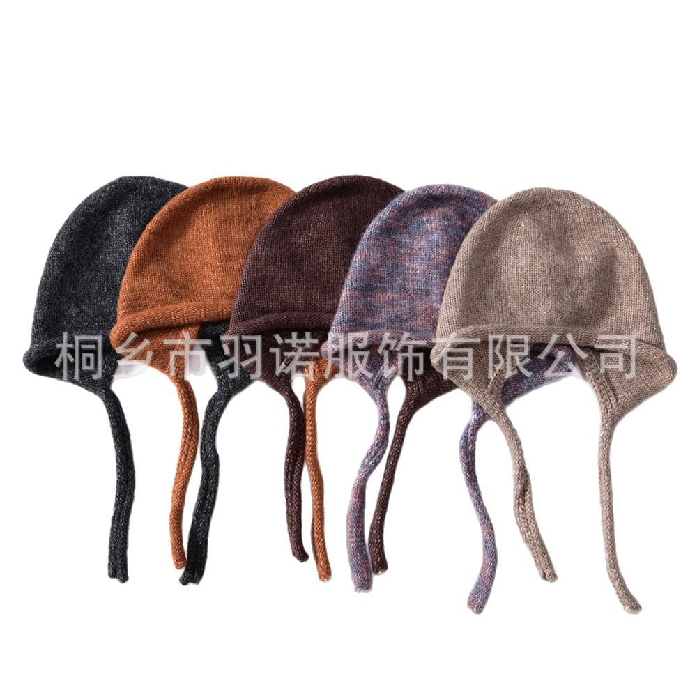 Autumn and winter new wool knitted hat, warm ear protectors, lace-up wool hat