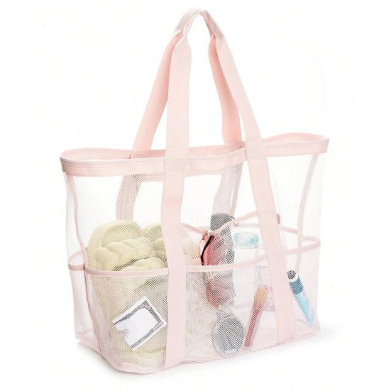 Netz-Strandtasche mit Reißverschluss, großes Fassungsvermögen, Strandtasche, faltbares Design, wasserdicht, sanddicht, Pooltasche mit Fächern