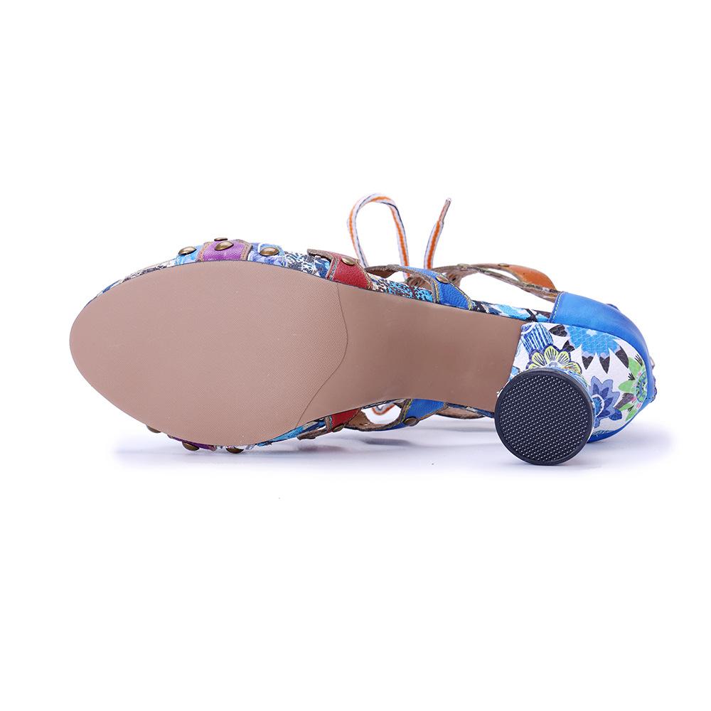 Johnature Women's Handmade Genuine Leather Colorful Bohemian Style Riveted High Heel Sandals