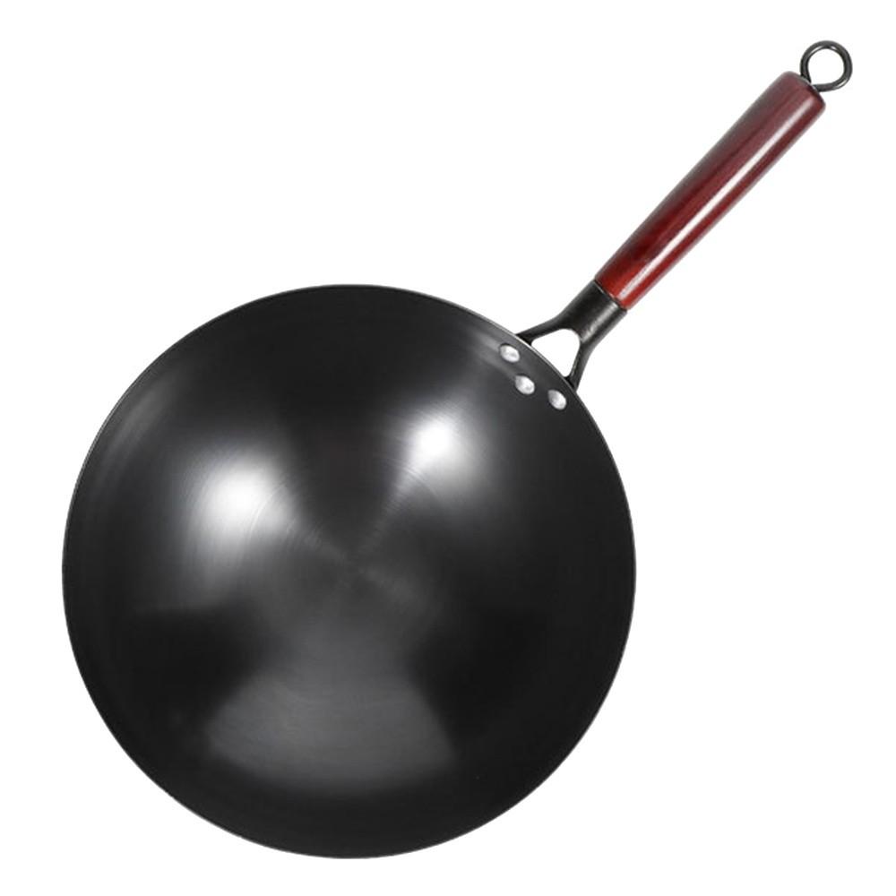 Traditional Without Ear Chinese Seasoning Iron Wok Wooden Handle Non-stick Cast Iron Pot Uncoated Cooking Wok Home Cooking