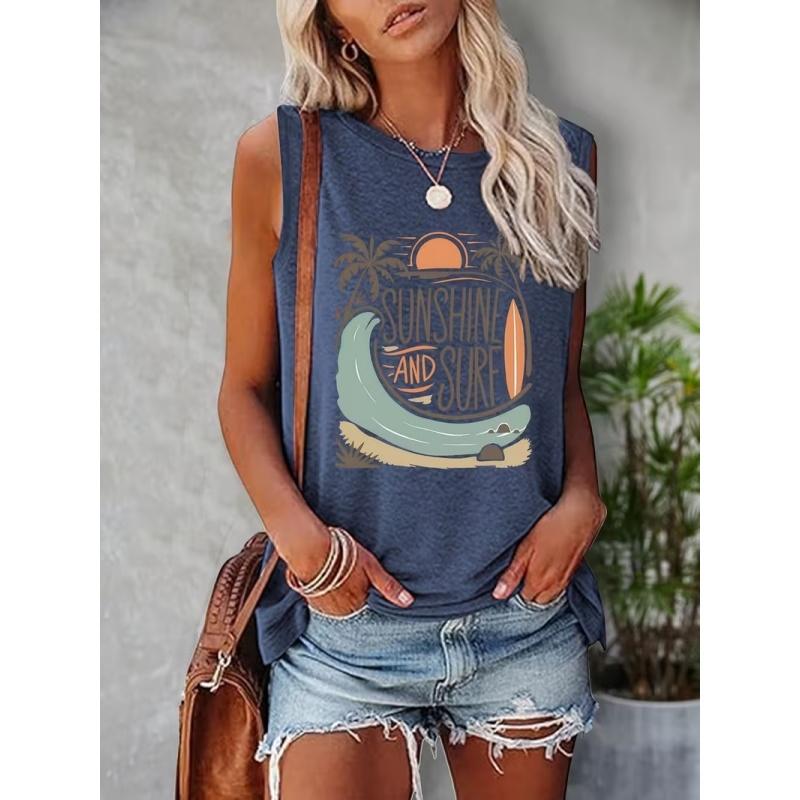 Women's printed tank top T-shirt with patterned short sleeves, women's sleeveless round-neck T-shirt